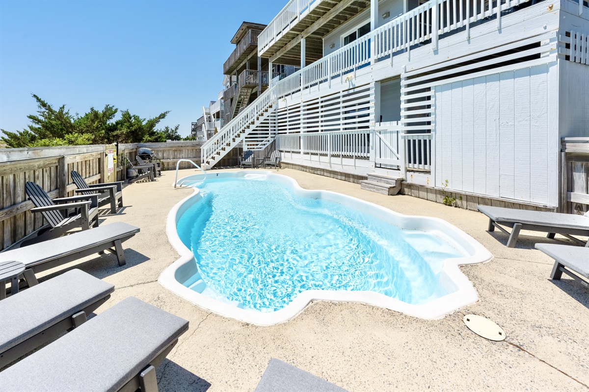 Heated pool for spring and fall.