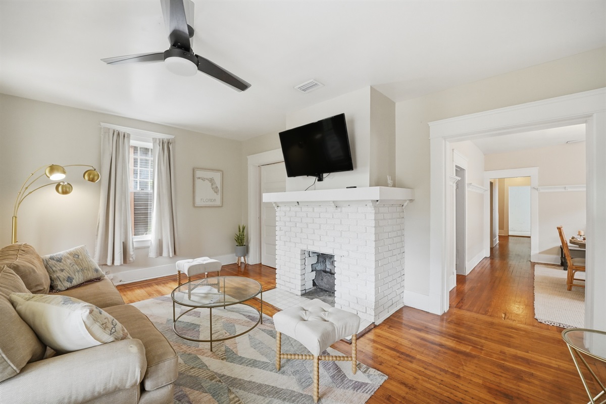 Living room with comfortable couch and 50" smart TV