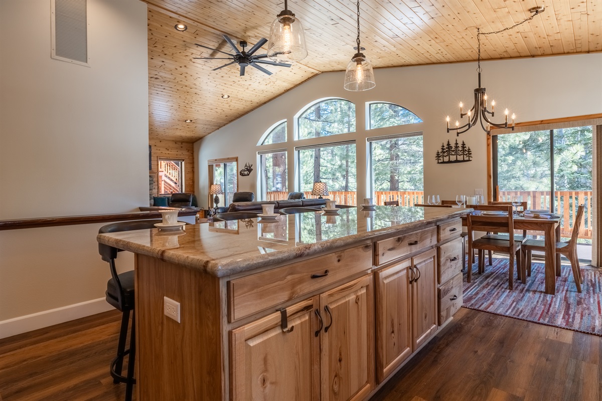 Chef's kitchen view to the dining and living room