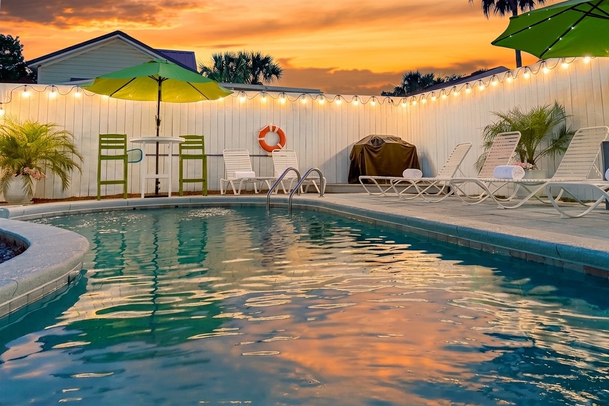 The private backyard pool is the highlight of this beach house. It can optionally be heated up to 88-degrees!