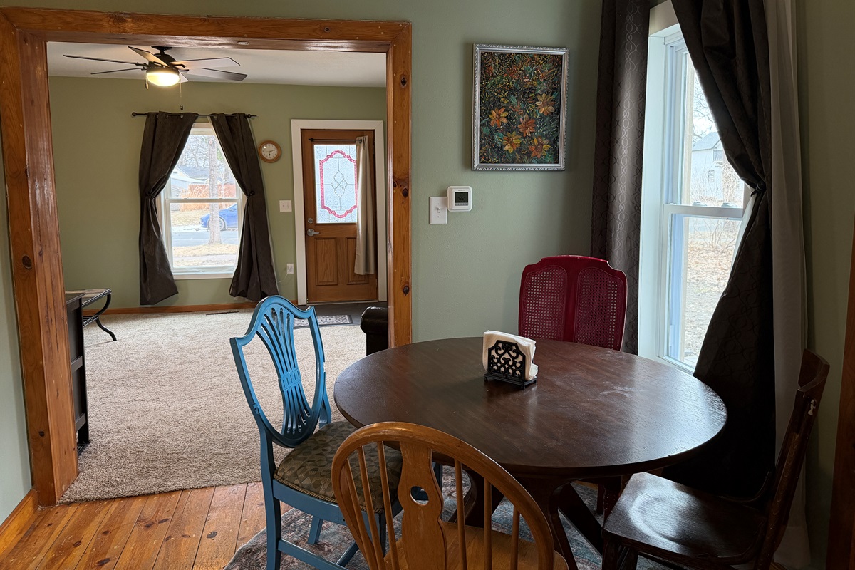We have a fun eclectic dining chair collection, plus bonus chairs in the laundry room.