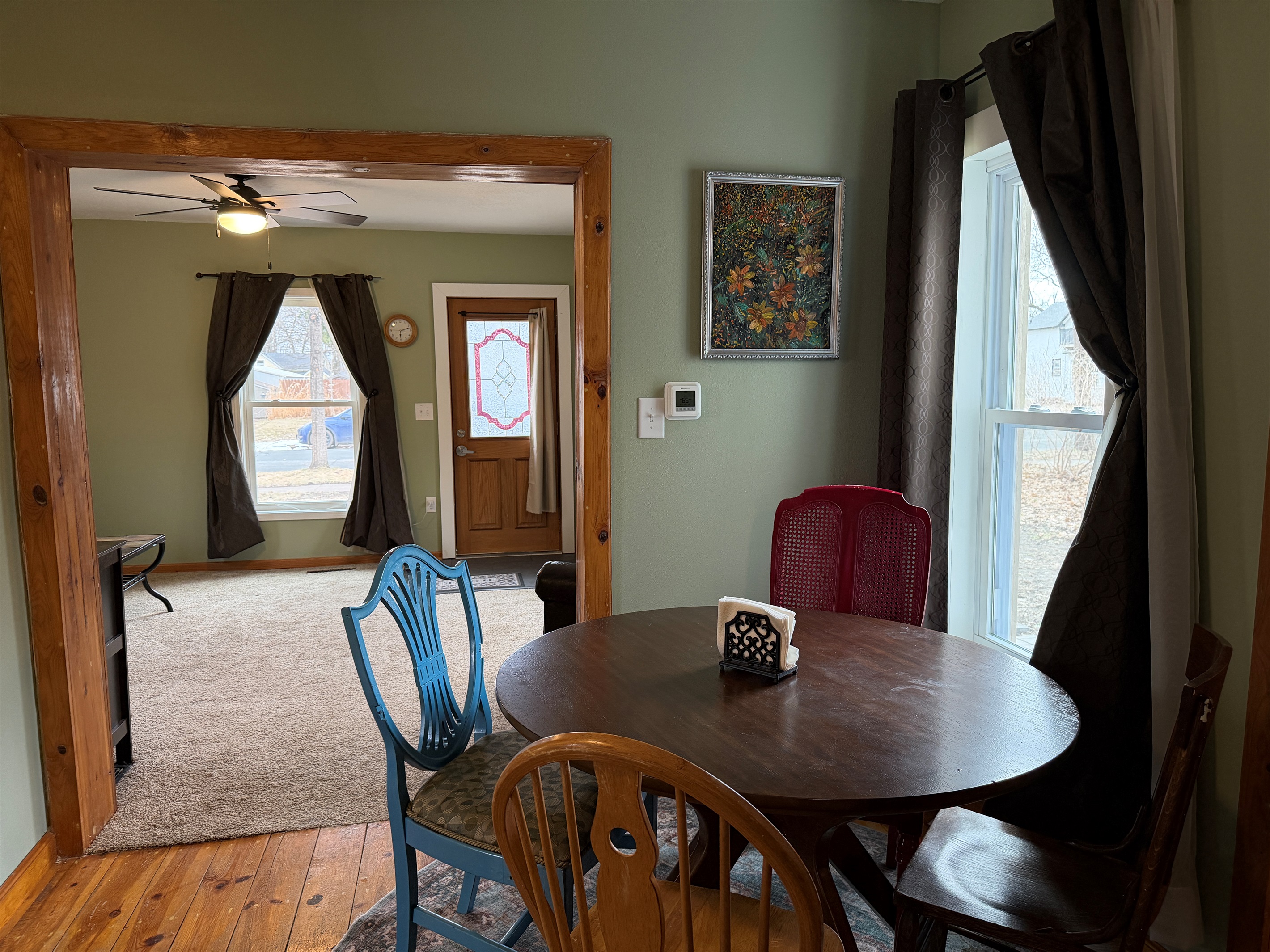 We have a fun eclectic dining chair collection, plus bonus chairs in the laundry room.