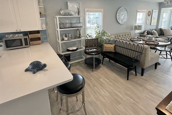 Conversation Corner with Adult Bar Service Shelfs