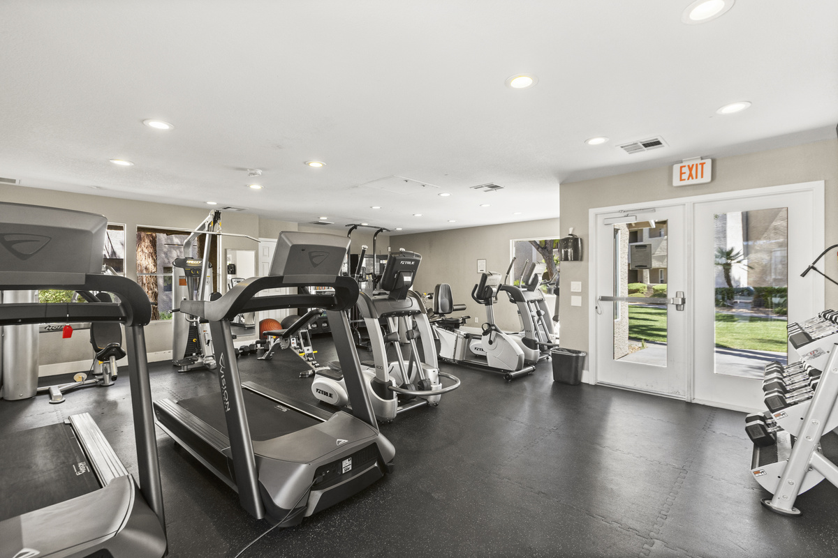 Shared 24/7 fitness center with cardio machines, weight equipment, and courtyard views.
