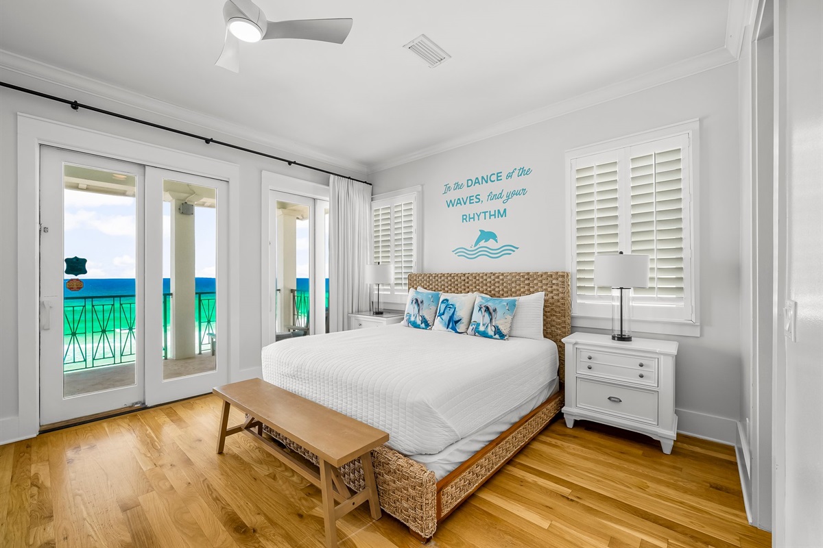 Spacious Master Bedroom (3rd Floor) with King Bed, Smart TV, Gulf Views, Private Balcony, Remodeled bathroom with dual vanity, soaker tub & walk-in shower