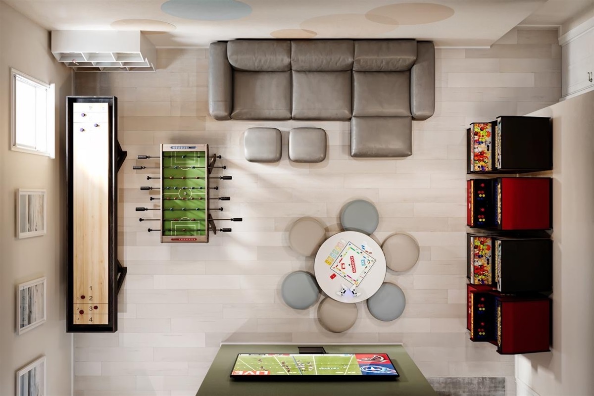 Bedroom 5 (1st Floor): QUEEN Bed + TWO Twin Bunk Beds, Game Room with 4 Arcade Games, Shuffle Board, Foosball, 65" Smart TV