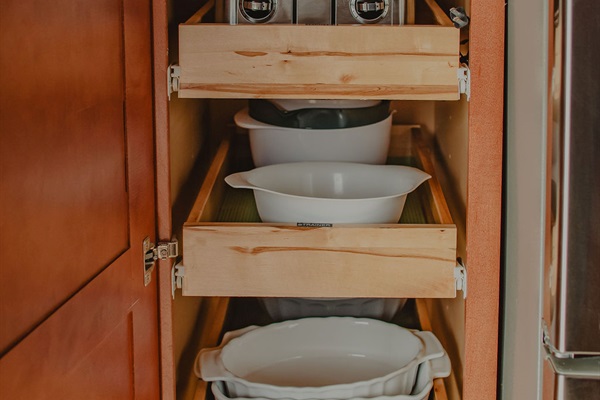 Organized kitchen bakeware and food prep bowls - everything easily within reach