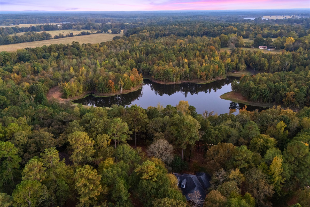 Stunning aerial view of the property and nearby lake.