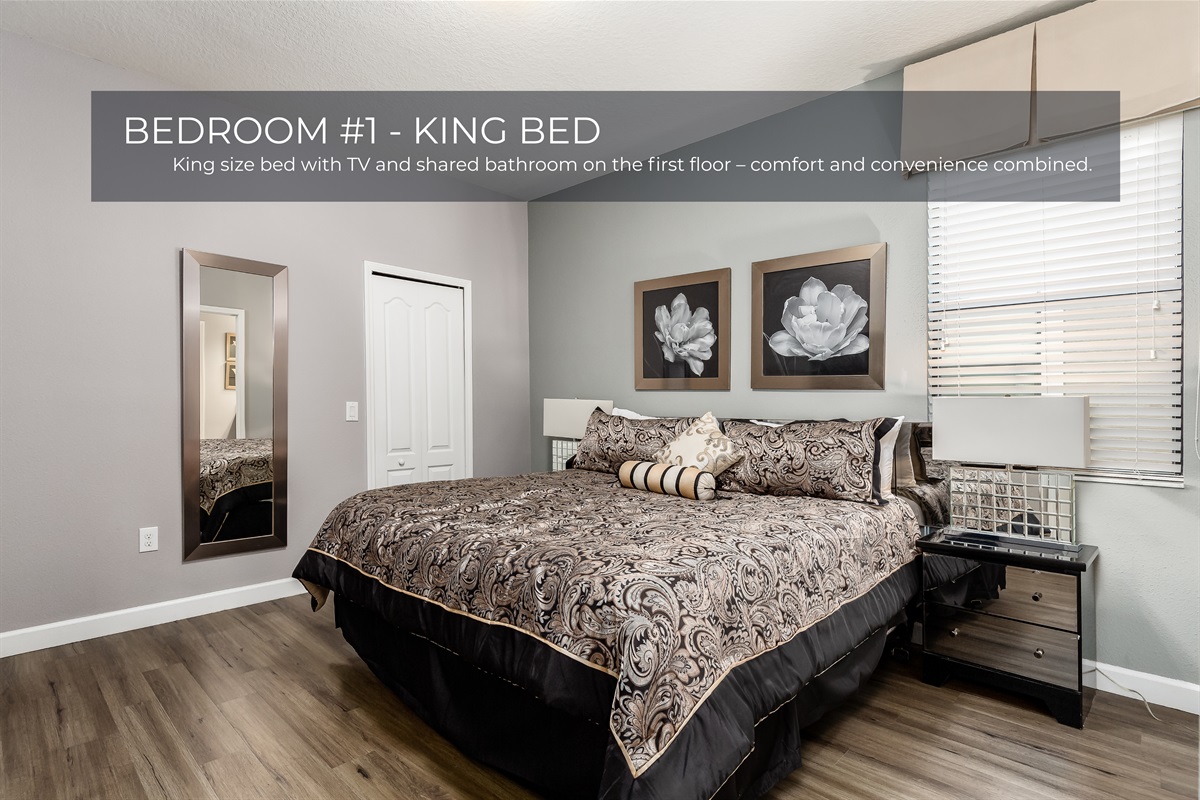 Sleep like royalty every night in this cozy king size bed and beautifully styled bedroom