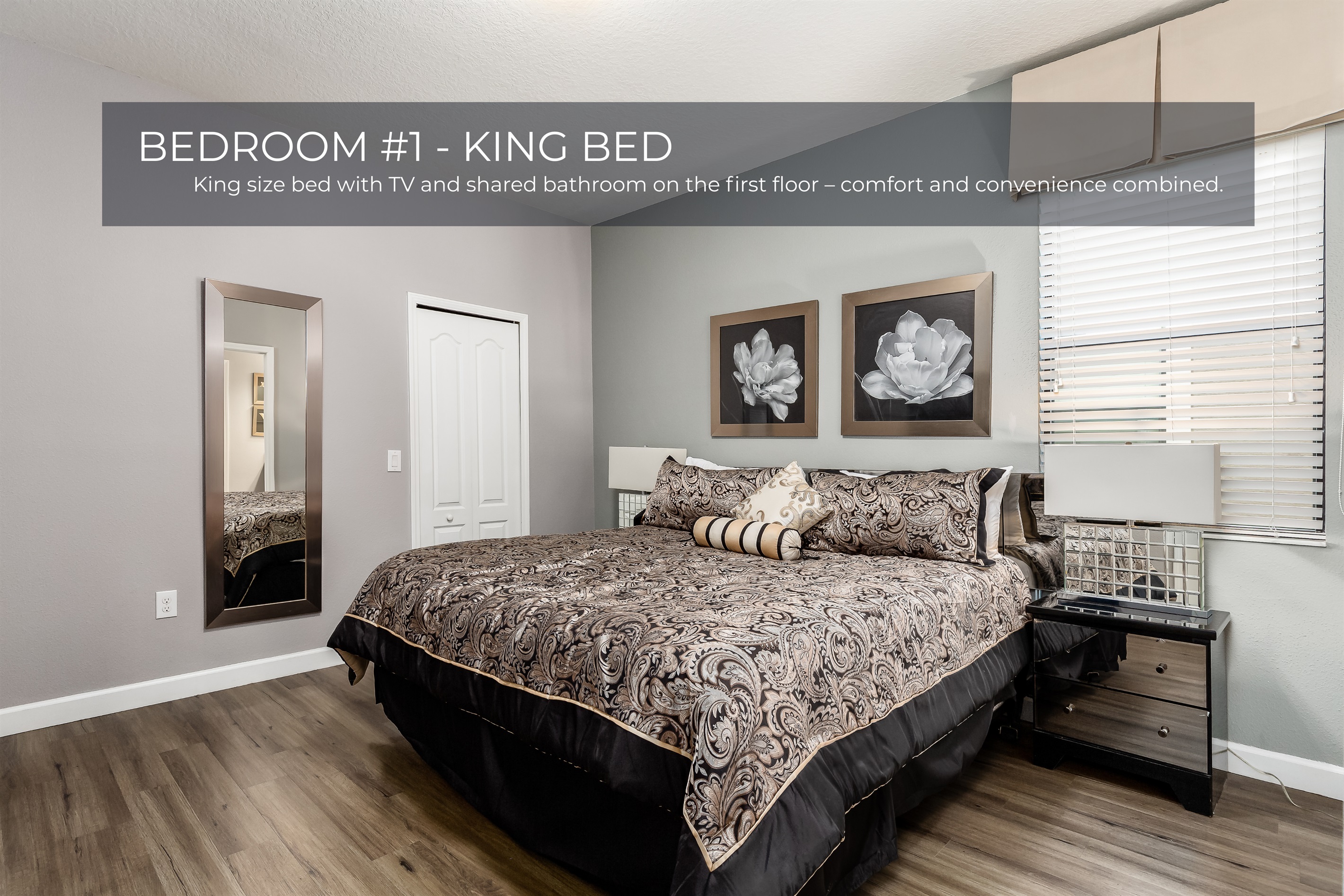 Sleep like royalty every night in this cozy king size bed and beautifully styled bedroom