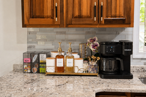 Coffee/Tea station equipped with dual coffee makers, drip, pods, press,  greca. 
