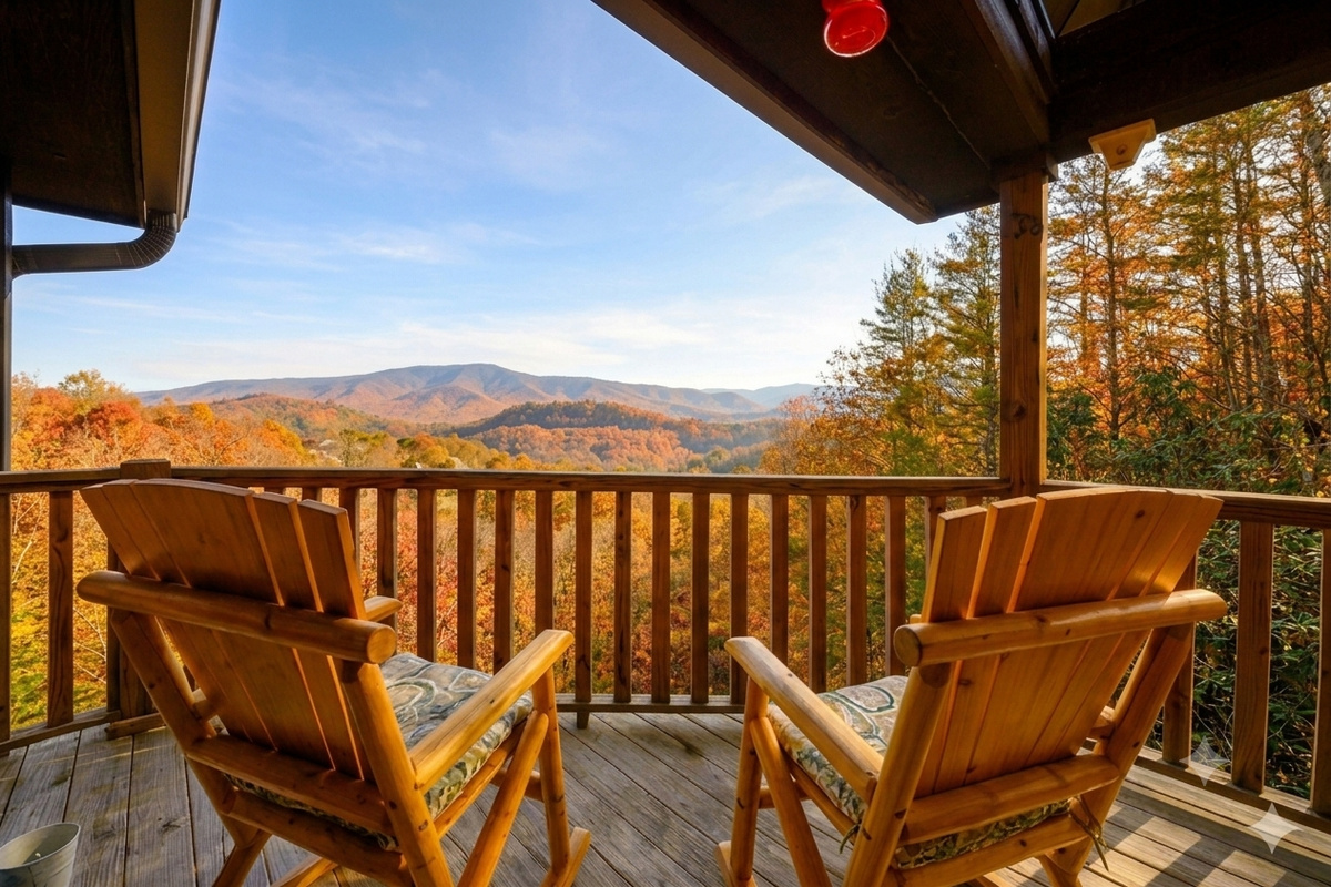Start your mornings with this magnificent view, enjoyed from any of the three private decks at Little Cub Cabin, ideal for coffee at sunrise, peaceful reading, or evening stargazing.