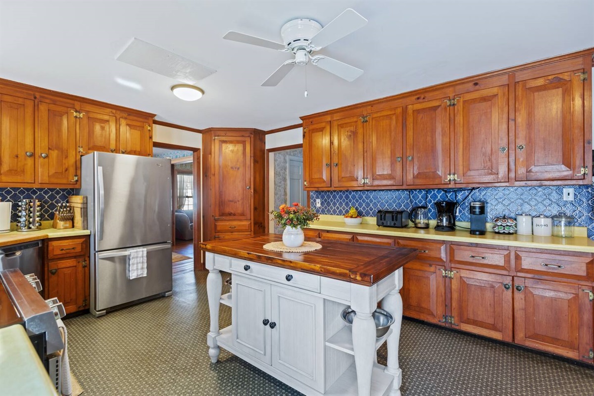 Kitchen when entering from Slider doorCoffee/Tea Bar with drip pot, Keurig and Electric Kettle. Toaster, Spices and cooking basics are provided. 