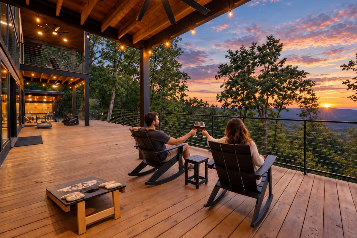 Sunset mountain views from the spacious deck at secluded Fossil Rock cabin in Broken Bow.