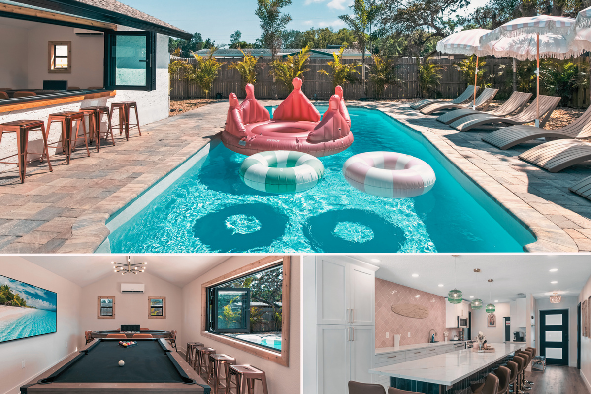 Heated saltwater pool, with air conditioned game/cabana room, stylish kitchen all newly remodeled.