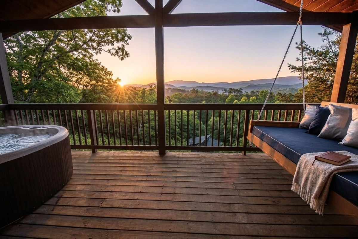 On the top deck, relax on a memory foam bed swing and watch your favorite game on the 60 in flat screen or soak your cares away in the hot tub.