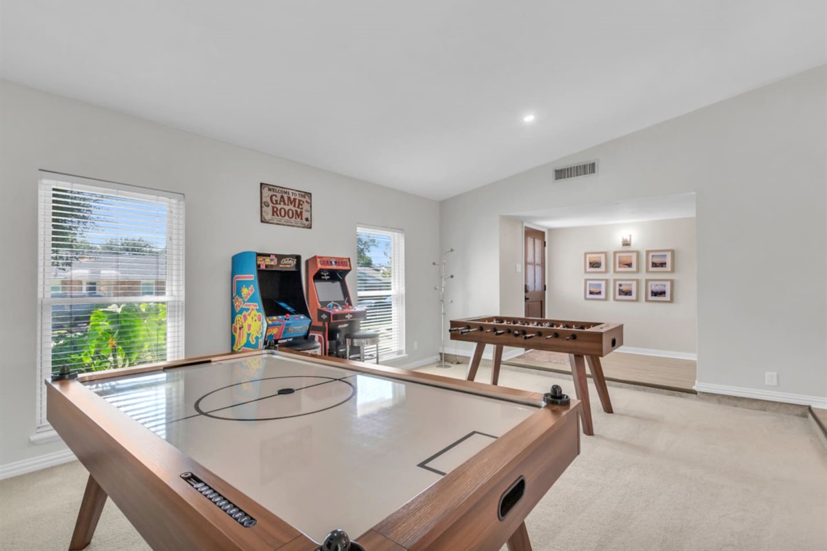 Game room goals! Multi-player games to keep everyone entertained! Foosball, Air hockey, and classic arcade games. 