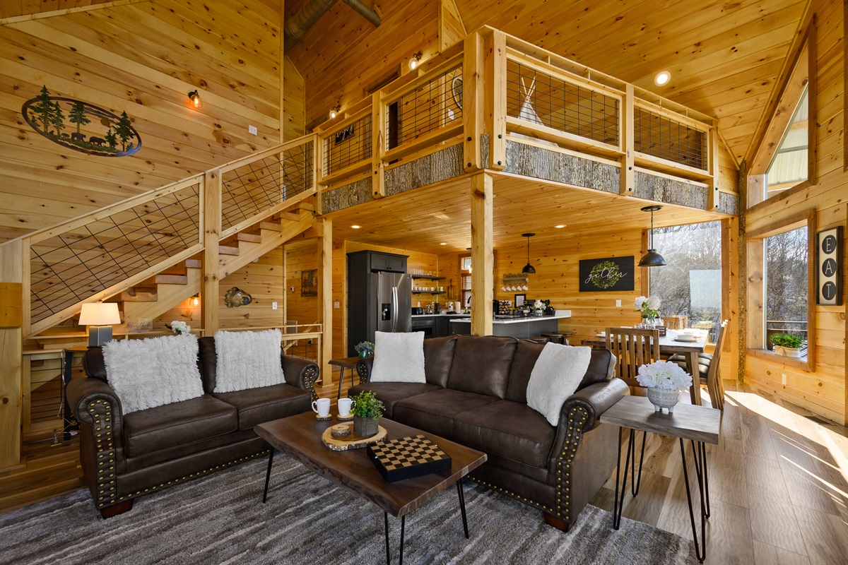 Cypress living room with view of loft