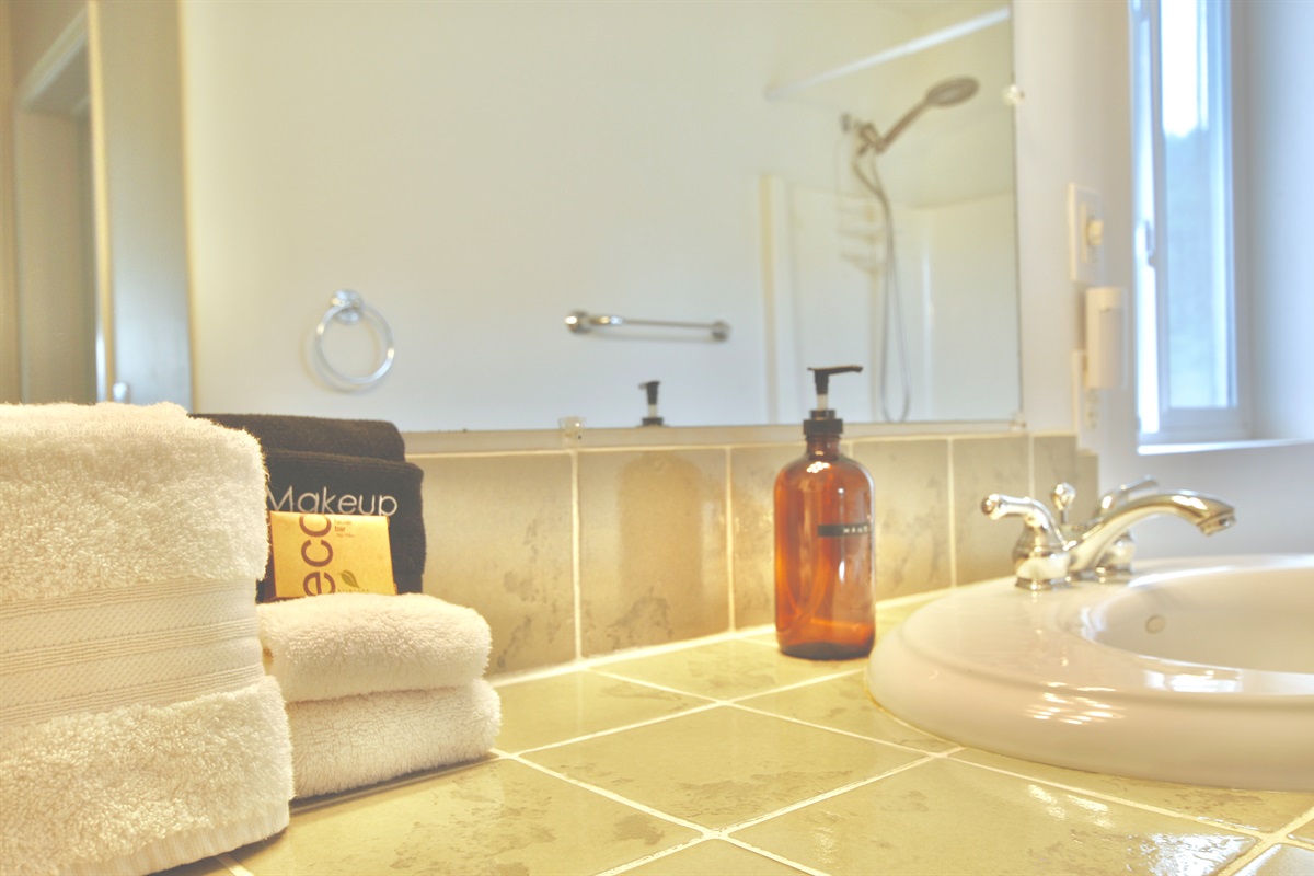 Upstairs bathroom with bathtub and shower.