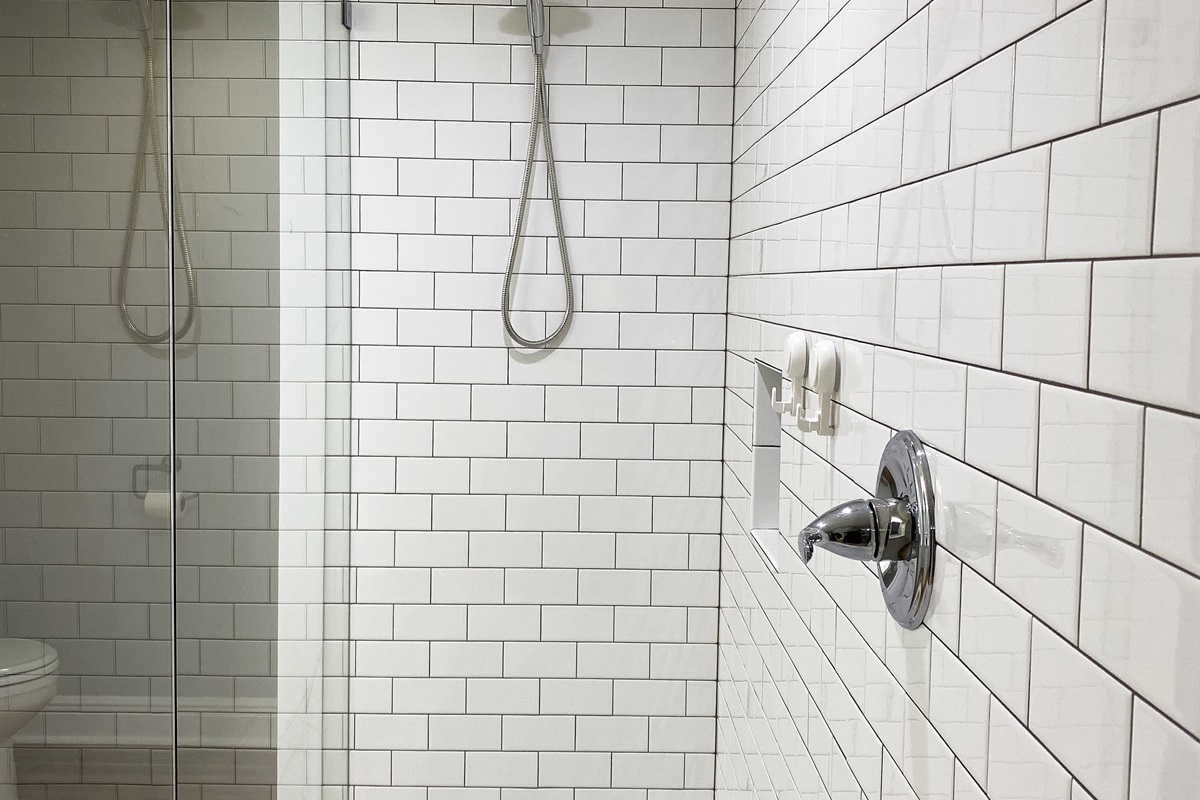 NEW large master bathroom with walk-in closet and glass & tile shower.