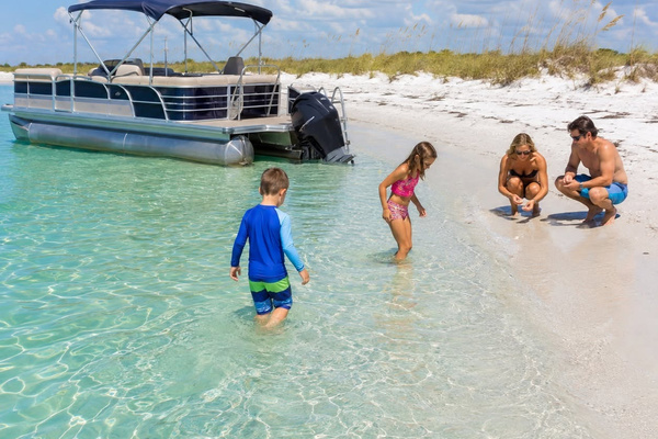 AI-created Shell Island pontoon-day illustration. Independent local boat rentals and tours are booked separately and are not included with the home.