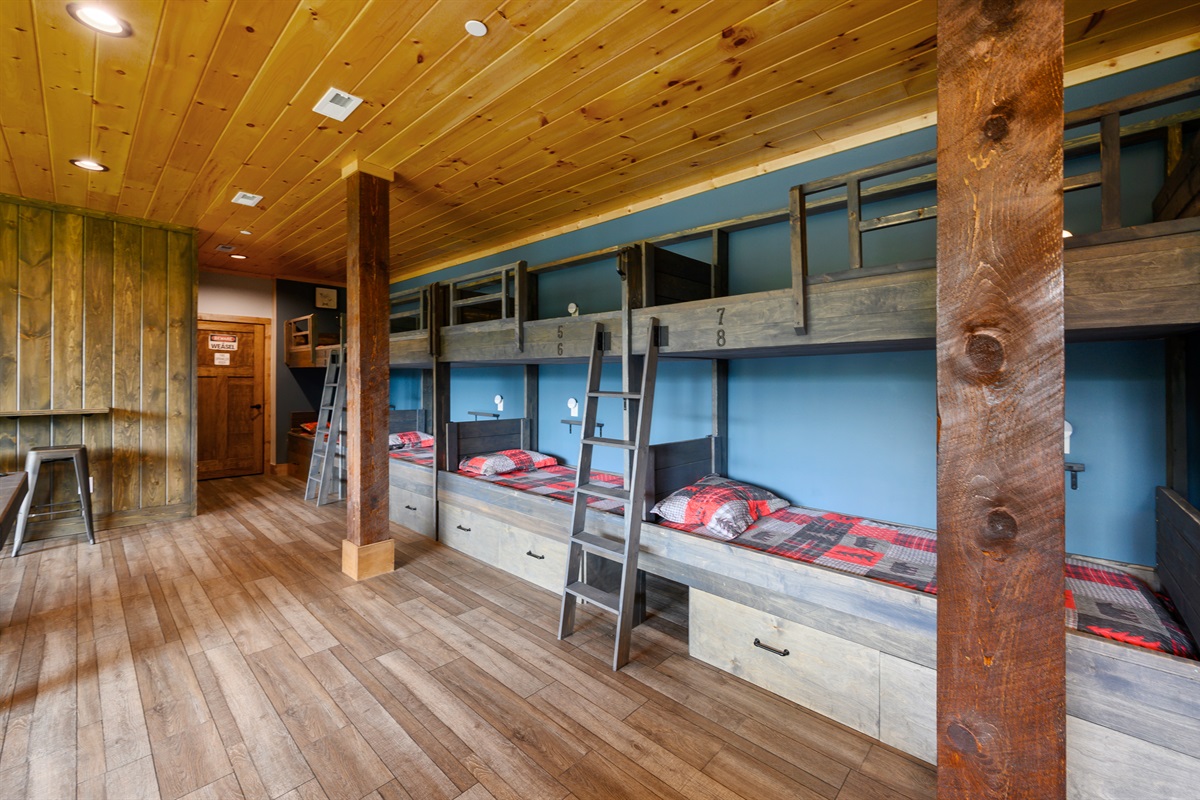 Eight custom built bunks in the game room