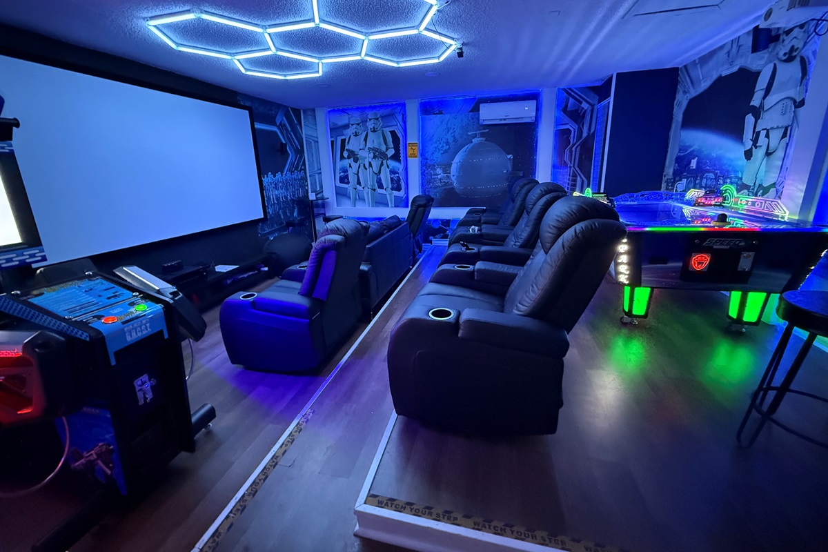 🍿🕹️ Epic adventures await in our Star Wars-themed theater – 150” projection, Bose surround sound, streaming, and thrilling arcade games for all ages.