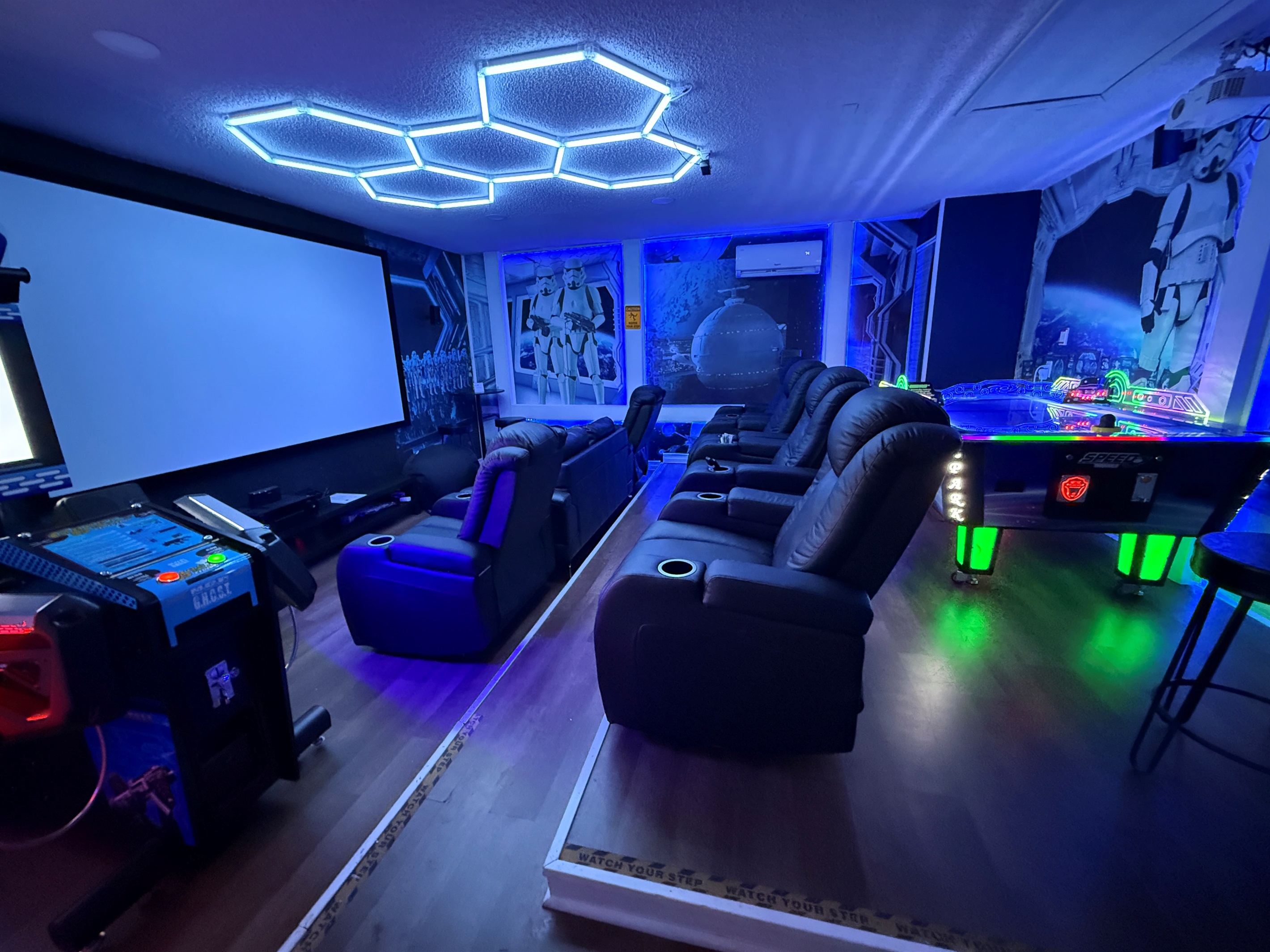 🍿🕹️ Epic adventures await in our Star Wars-themed theater – 150” projection, Bose surround sound, streaming, and thrilling arcade games for all ages.