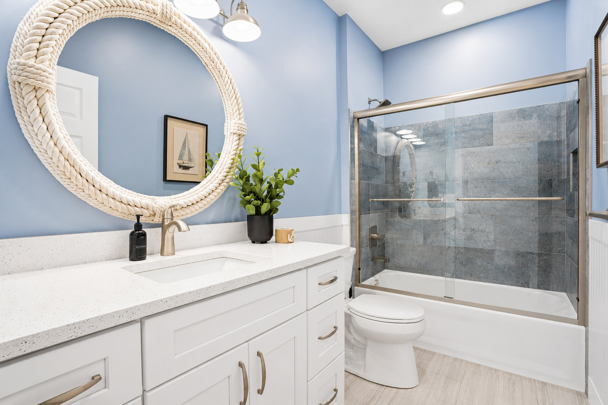 Thoughtfully designed with a large vanity, ample counter space, and elegant coastal touches for your daily routine.