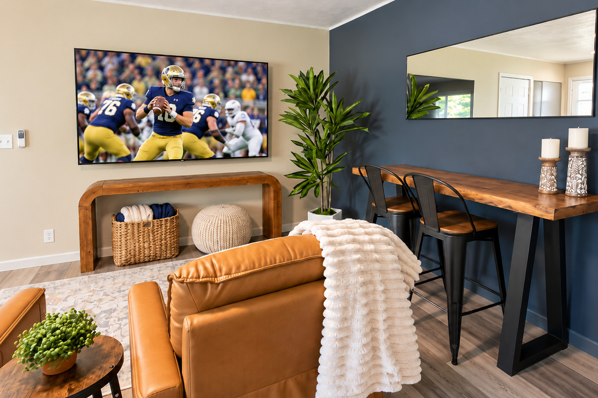 Game day ready! Catch the action on the 75" Smart TV, with comfortable reclining seating and a pub table for snacks, games, or work.