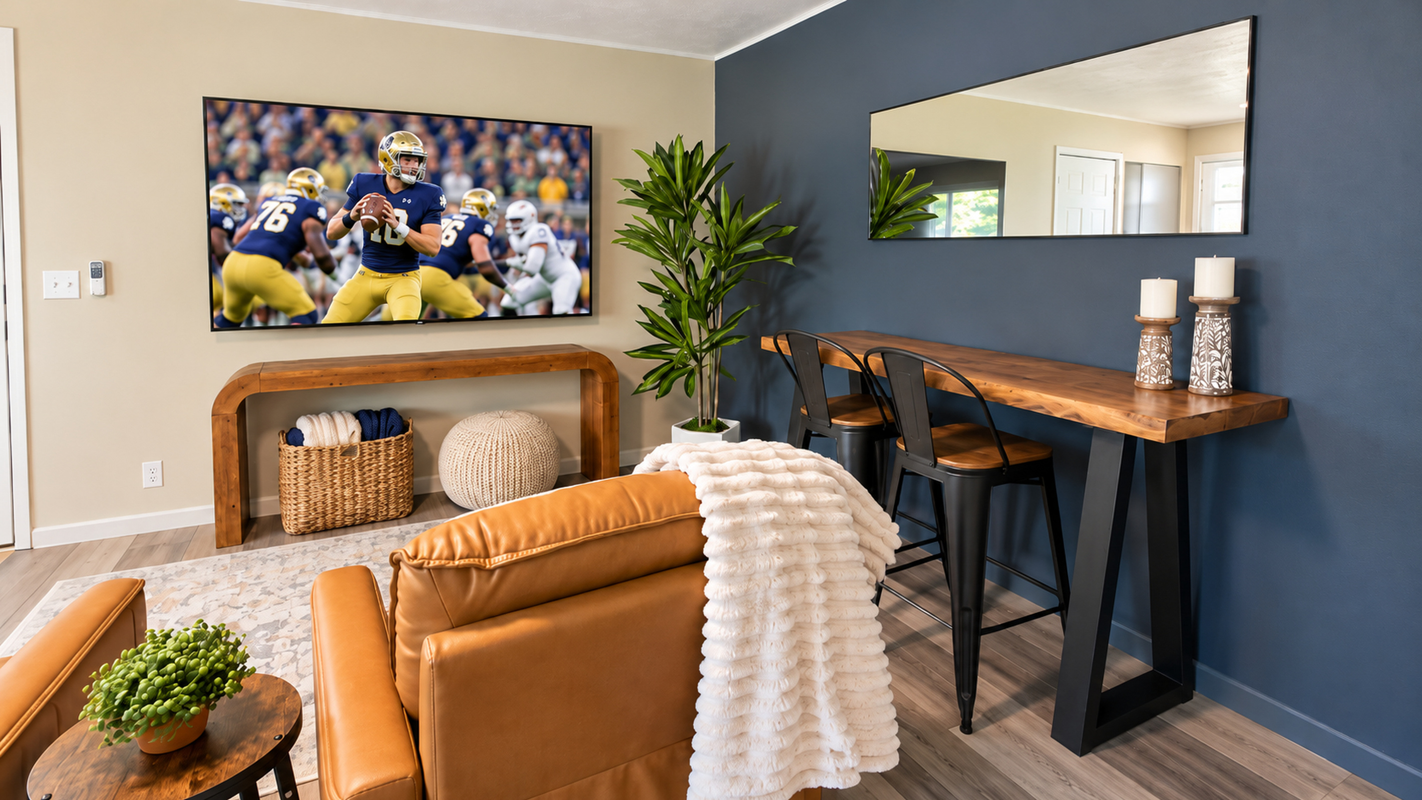 Game day ready! Catch the action on the 75" Smart TV, with comfortable reclining seating and a pub table for snacks, games, or work.