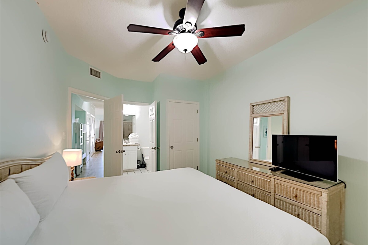Master bedroom with king bed, smart TV, ceiling fan and ensuite bathroom