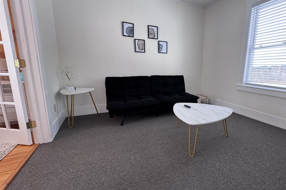The study lounge off of the Primary Bedroom with a futon couch and TV