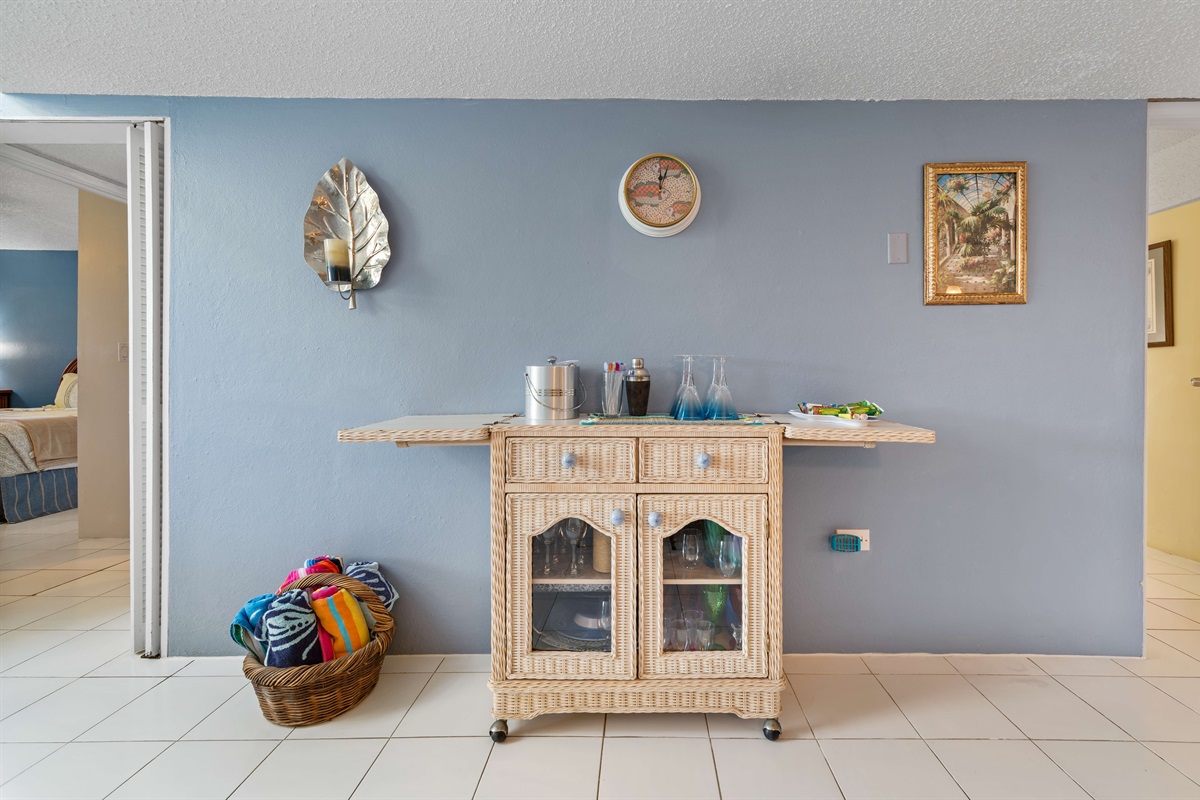 Mini bar and beach towels