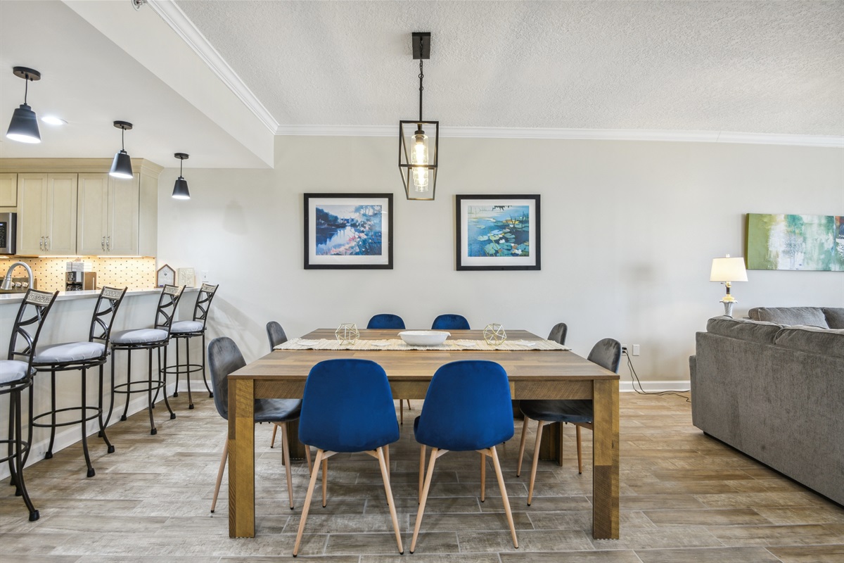 Oversized dining table with seating for 8+.