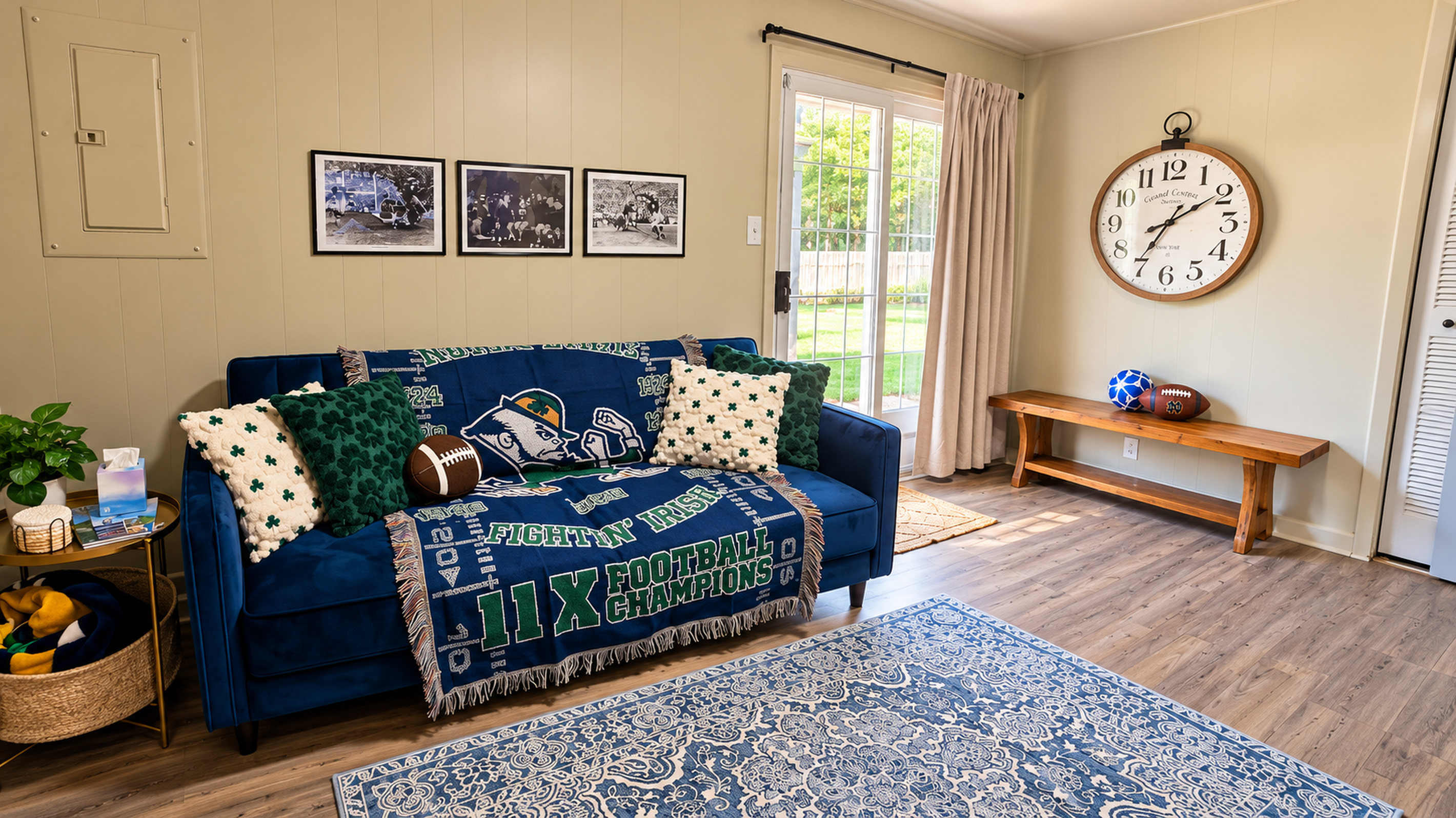 Fighting Irish-inspired den with blue velvet sleeper sofa and backyard access.