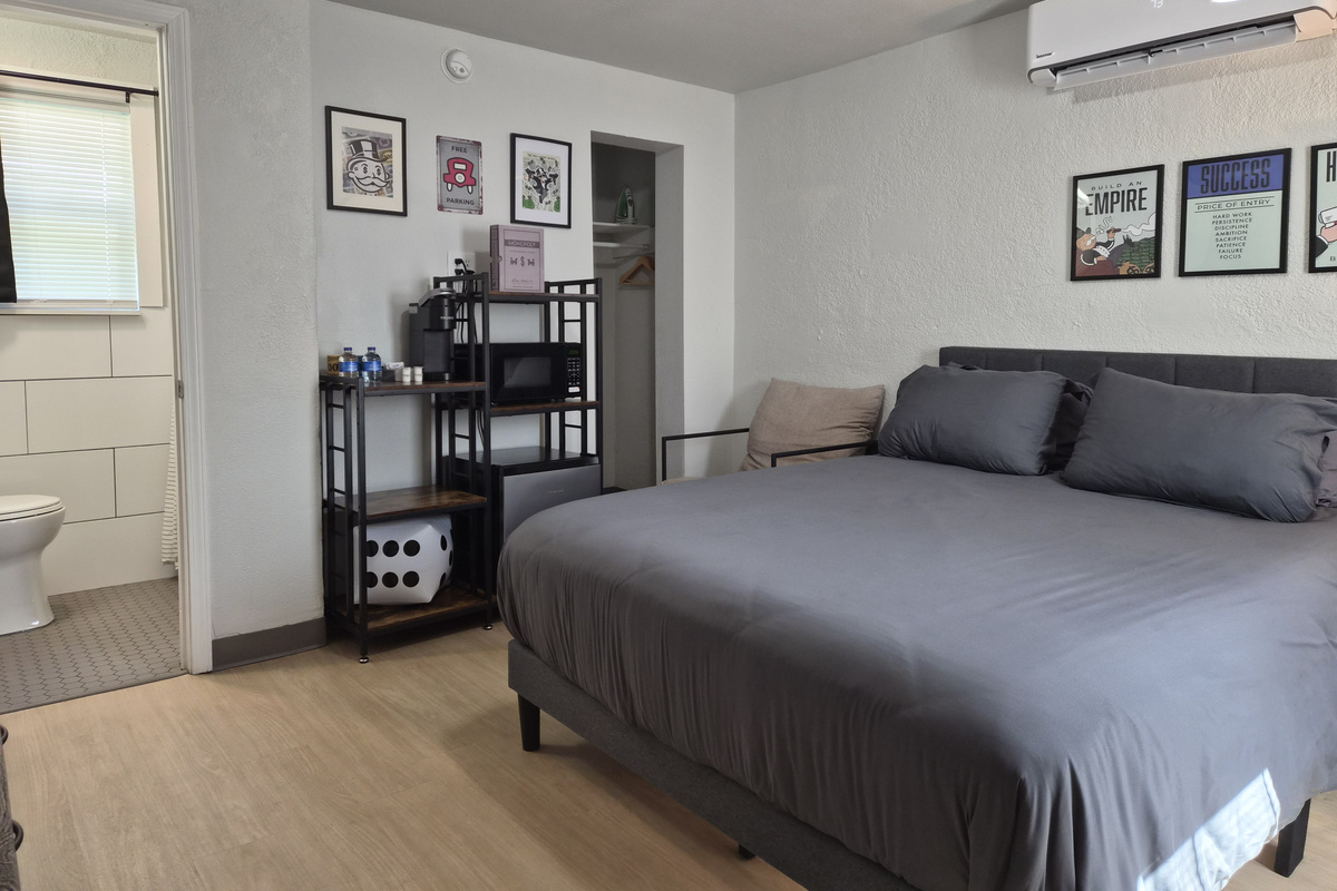 Queen bed, mini fridge, coffee maker, microwave
