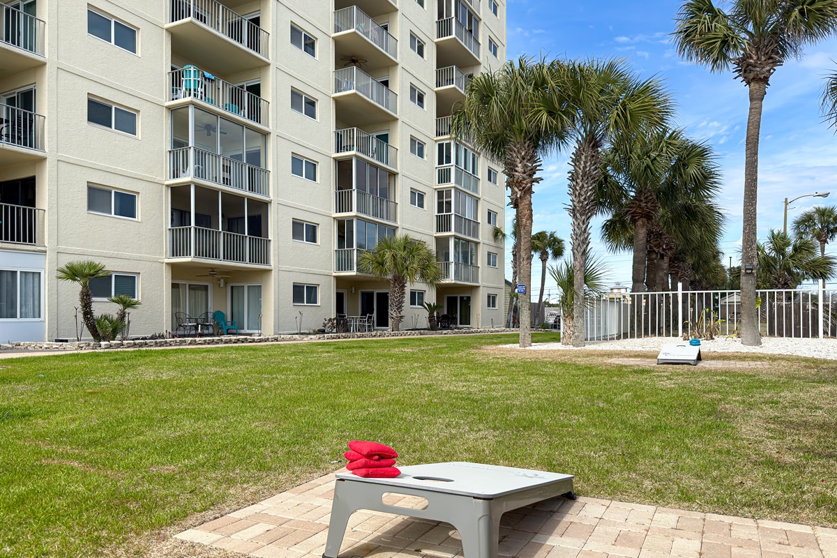 Challenge your group to a friendly cornhole tournament after your afternoon workout.