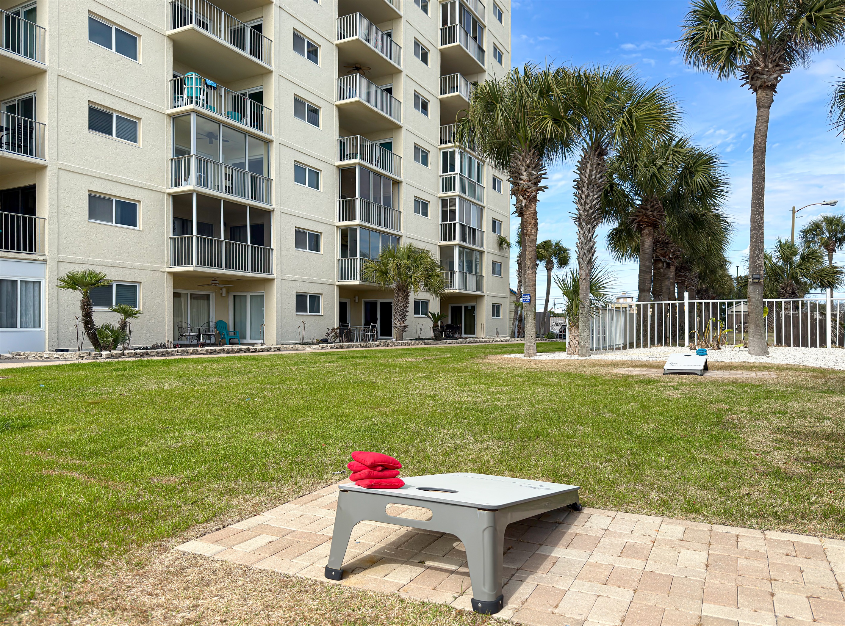 Challenge your group to a friendly cornhole tournament after your afternoon workout.