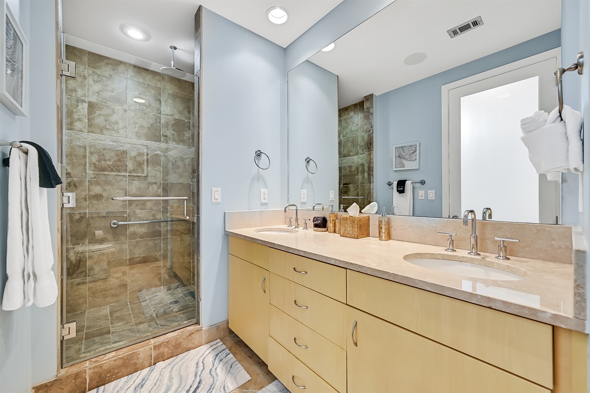 Master Walk in shower, hand rails, shower chair available, rain shower, two sinks