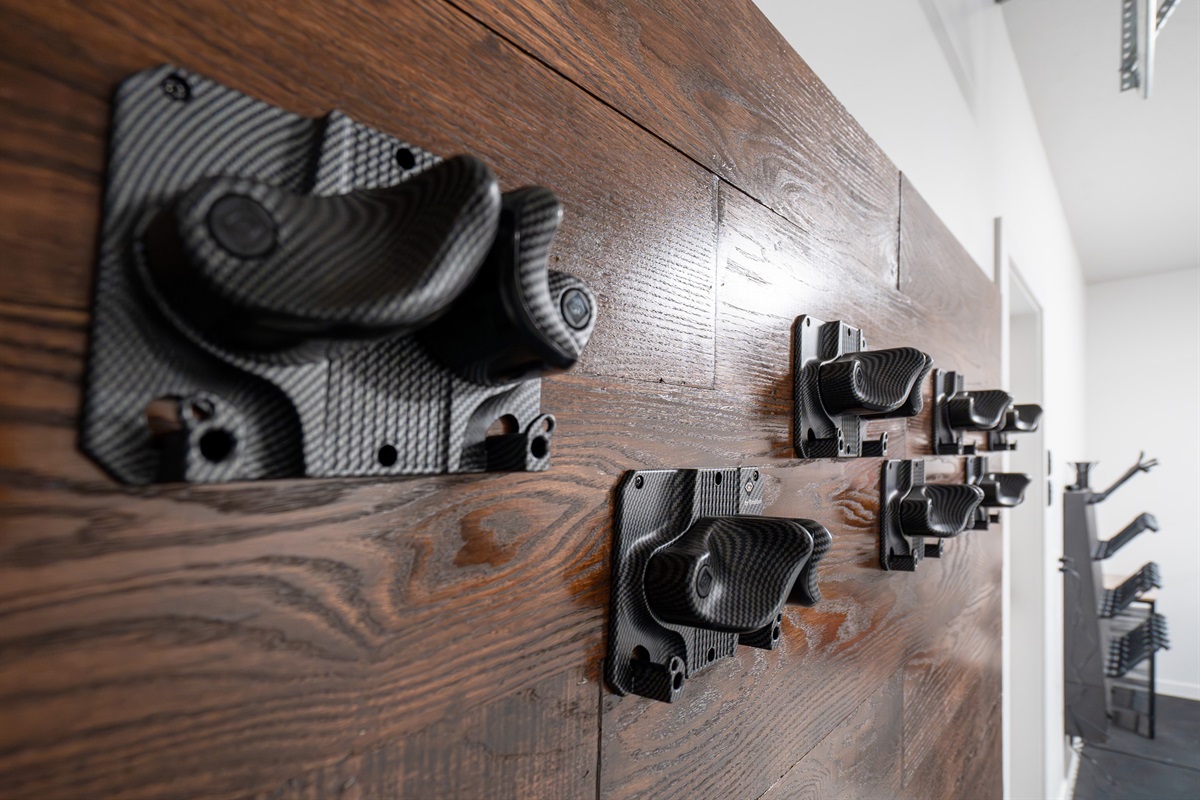 Custom ski rack detail for convenient and organized equipment storage.