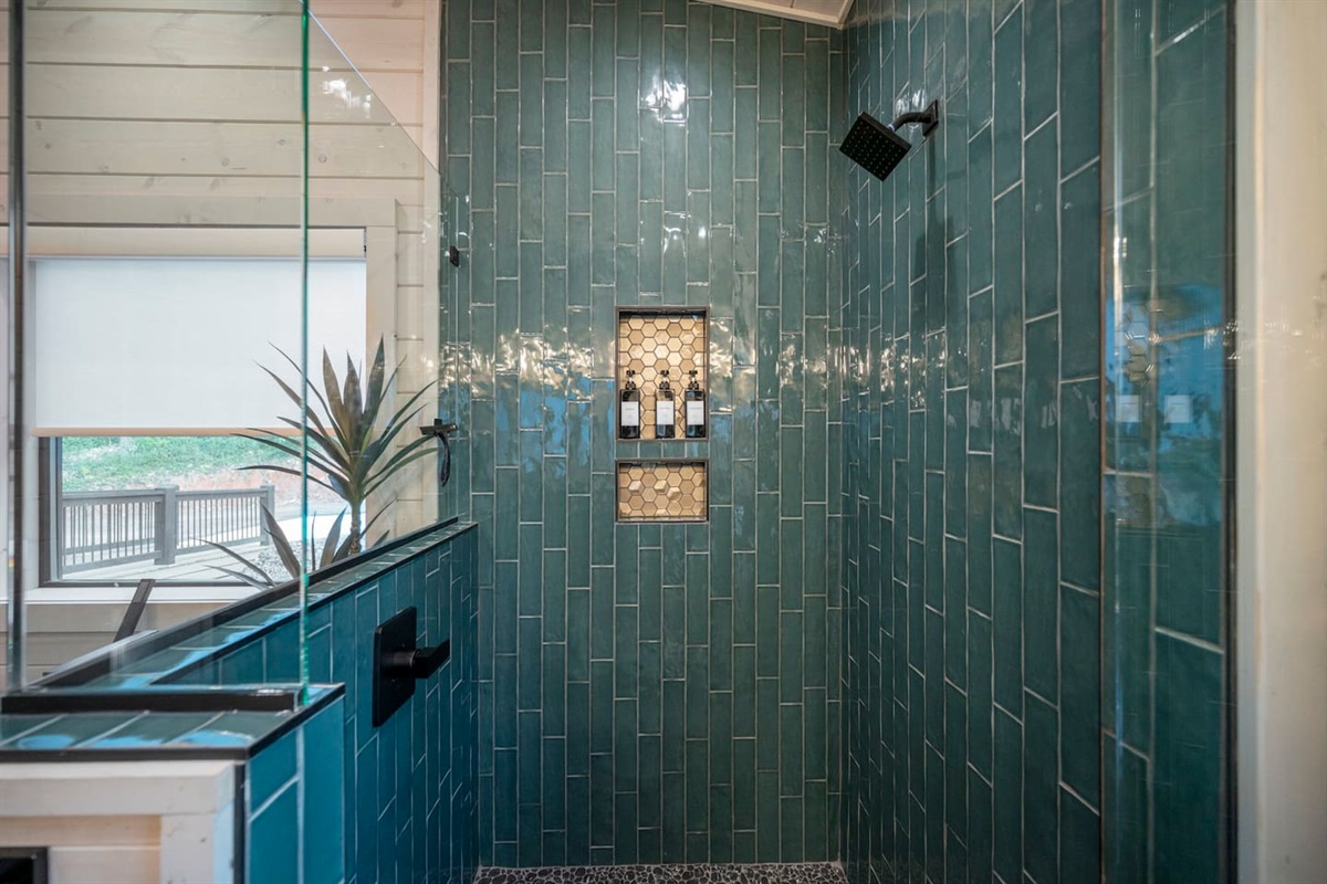 The primary bathroom comes complete with shampoo, conditioner & body wash.  Check out that honeycomb niche!
