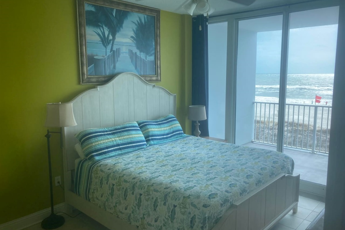 King bed with adjoining Master Bath.