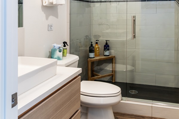 Clean lines, glass-enclosed walk-in shower, and thoughtful touches throughout. Relaxation starts here.