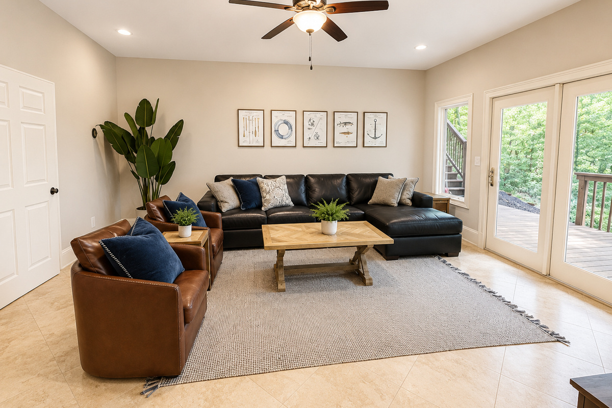 Comfortable second living area with a large sectional and big-screen TV—perfect for movie nights or relaxing after a day on the lake.