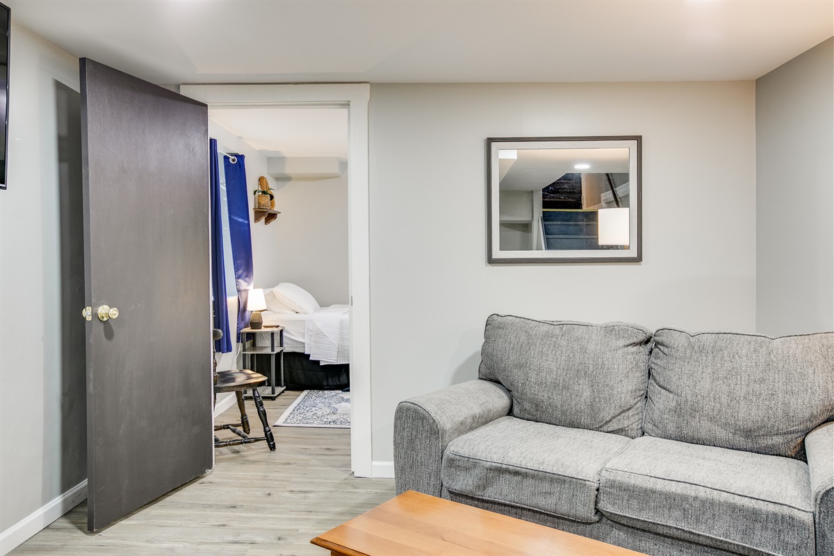 Basement living room opens up into the twin room.