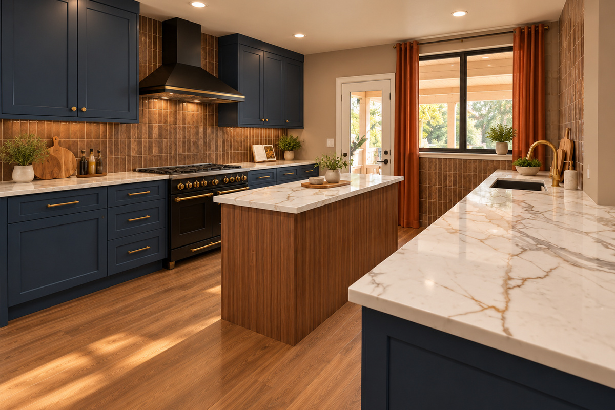 {Chef’s Kitchen} Cook, gather, and entertain in Firebird’s chef’s kitchen, featuring black stainless and brass appliances, a 6-foot refrigerator, 48-inch range, beverage fridge, dishwasher, and drawer microwave.