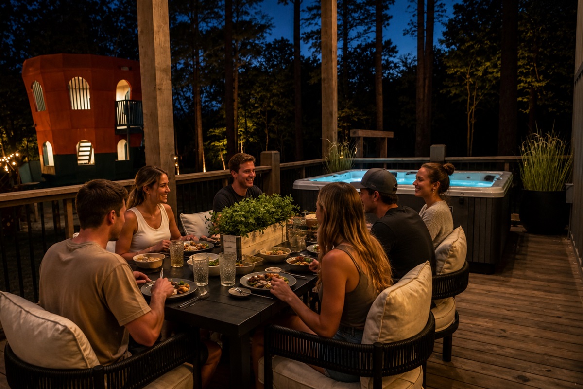 Outdoor Dining Oasis: Savor meals under the stars with a hot tub and playful treehouse nearby!