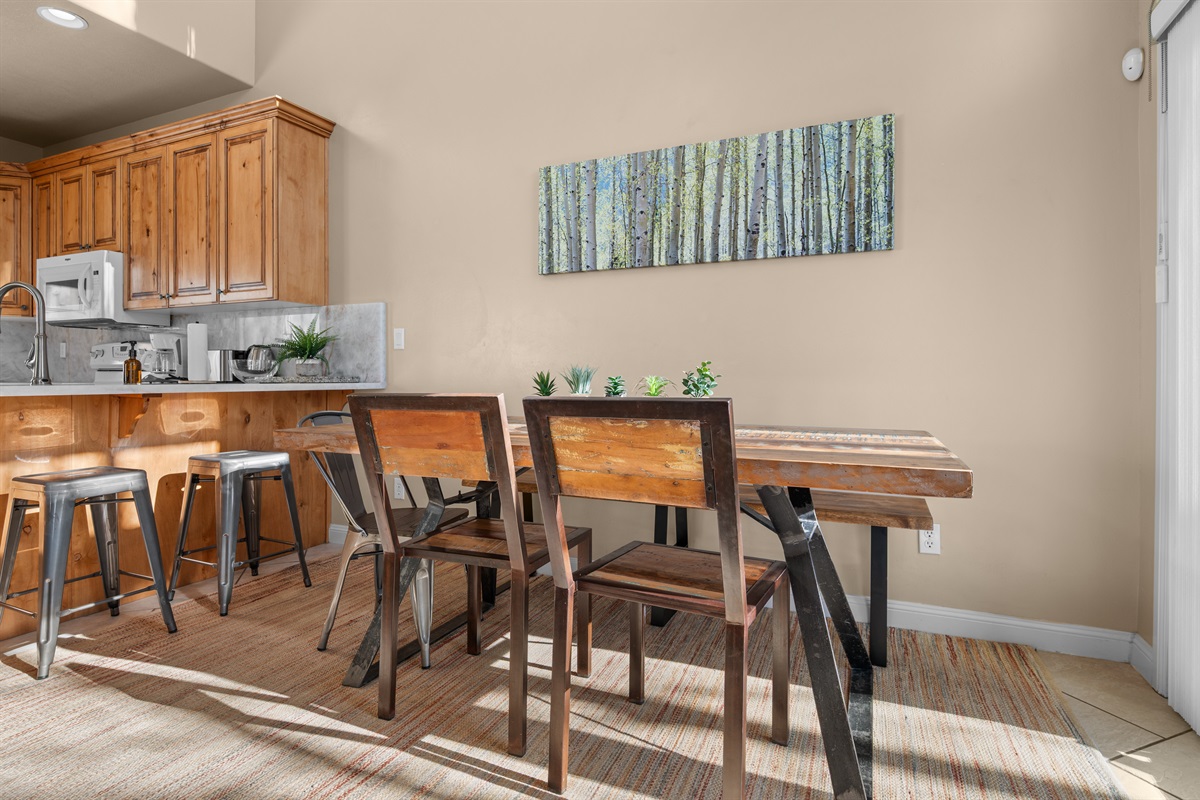 Comfortable dining area with seating for shared meals, game nights, and family gatherings.