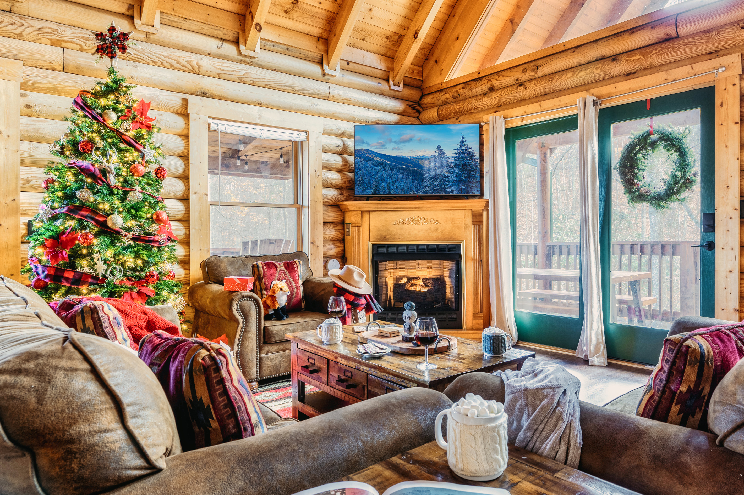 Cabin decorated for Christmas starting mid-November